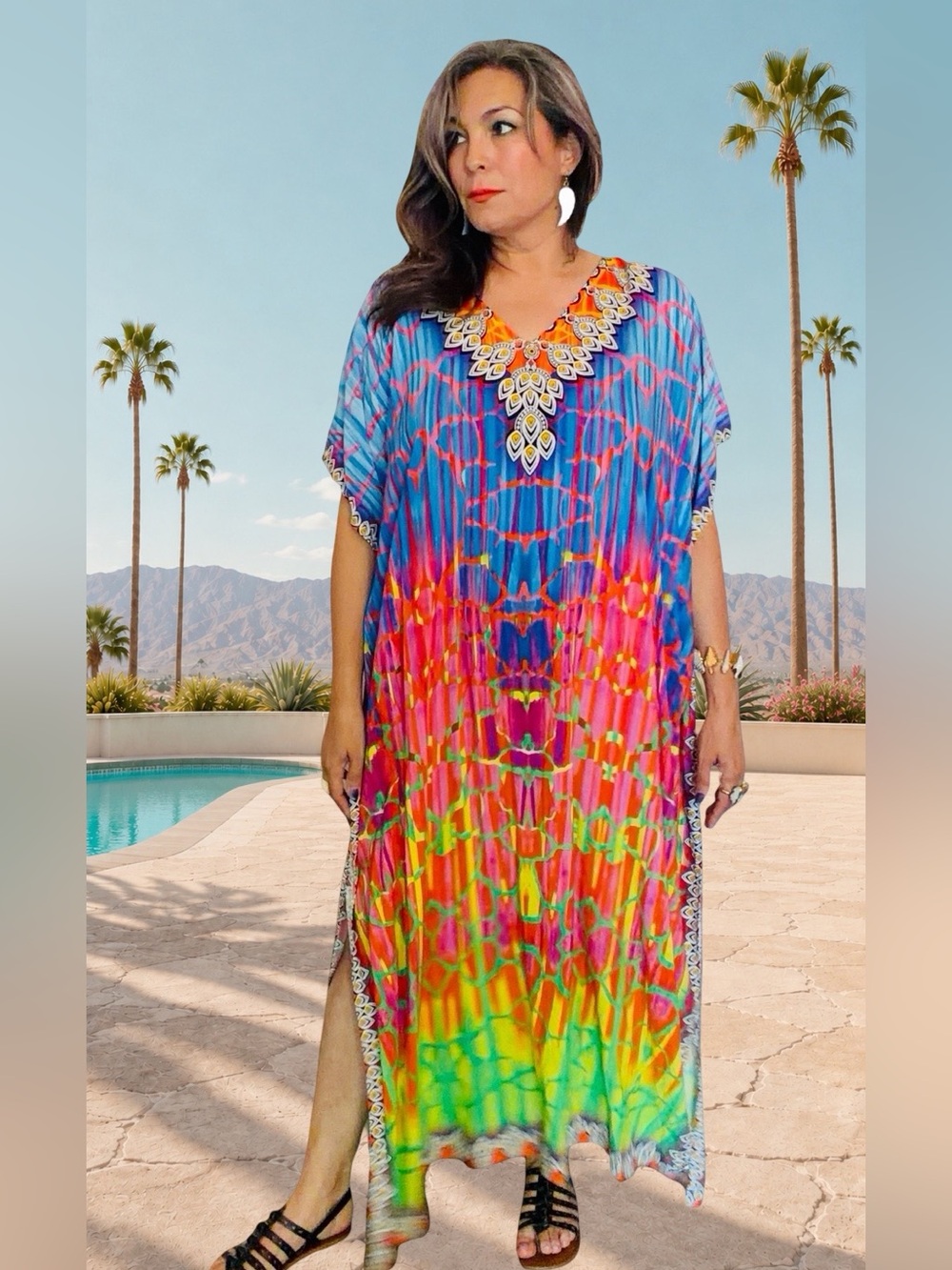 Boho Colorful Viscose Caftan Maxi Dress One Size Resort Beach Cover Up